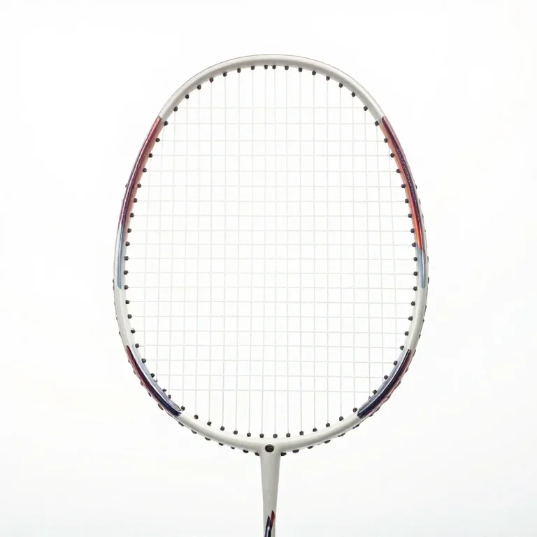 a badminton racket with a synthetic string bed, three-quarter view, single item fully visible...