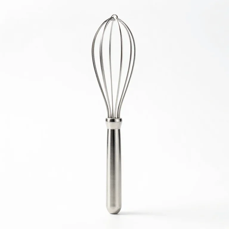 a balloon whisk in polished stainless steel, three-quarter view, single item fully visible an...