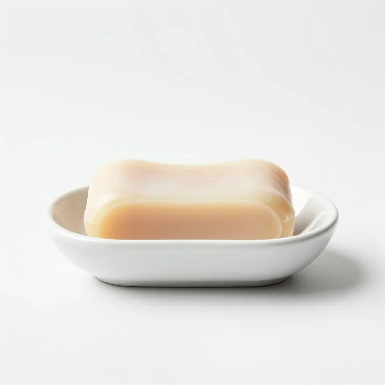 a bar of soap resting in a white dish, front view, single item fully visible and centred, iso...