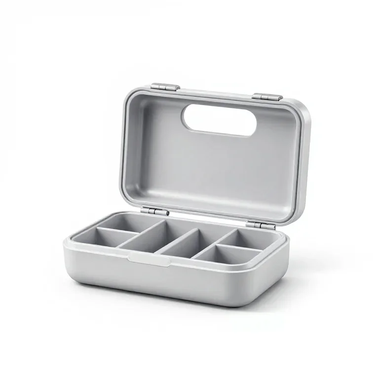 a battery organiser case with slots, three-quarter view, single item fully visible and centre...