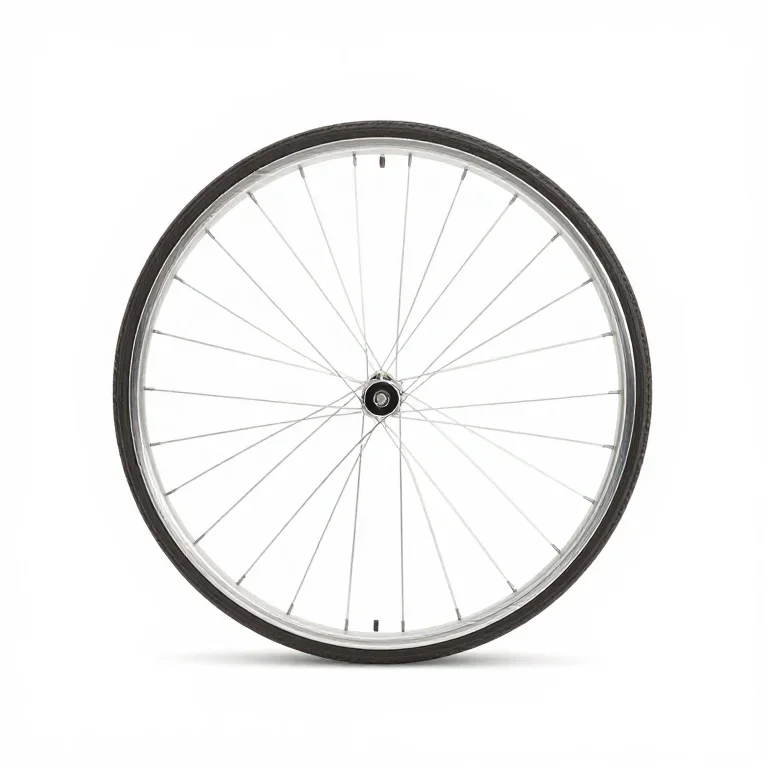 a bicycle wheel with a silver rim and spokes, front view, single item fully visible and centr...