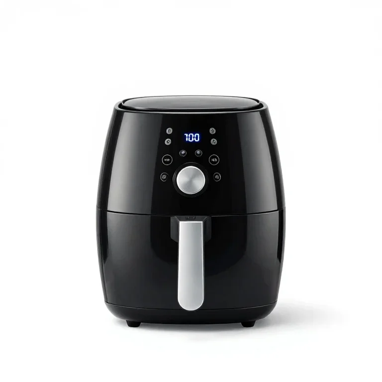 a black air fryer with a digital display, front view, single item fully visible and centred,...