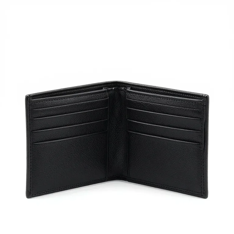 a black bifold wallet, three-quarter view, single item fully visible and centred, isolated on...