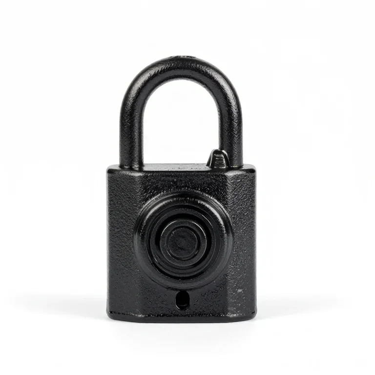 a black cast iron combination lock, front view, single item fully visible and centred, isolat...
