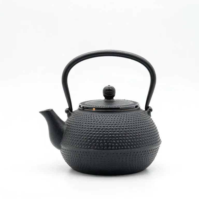 a black cast iron teapot, side view, single item fully visible and centred, isolated on a pur...
