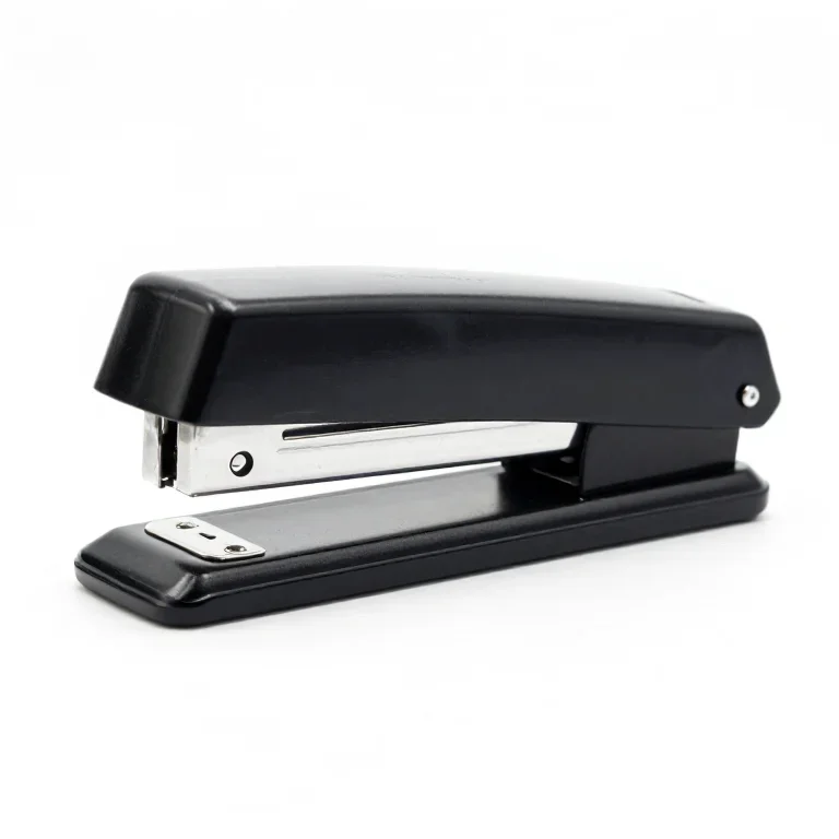 a black desktop stapler, side view, single item fully visible and centred, isolated on a pure...