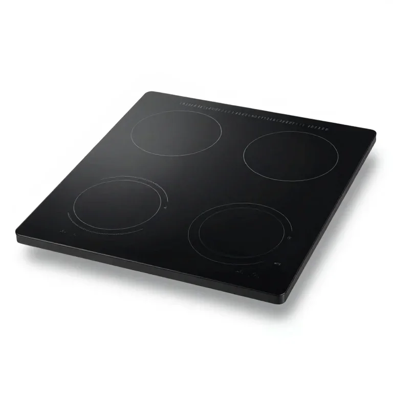 a black induction cooktop plate, three-quarter view, single item fully visible and centred, i...