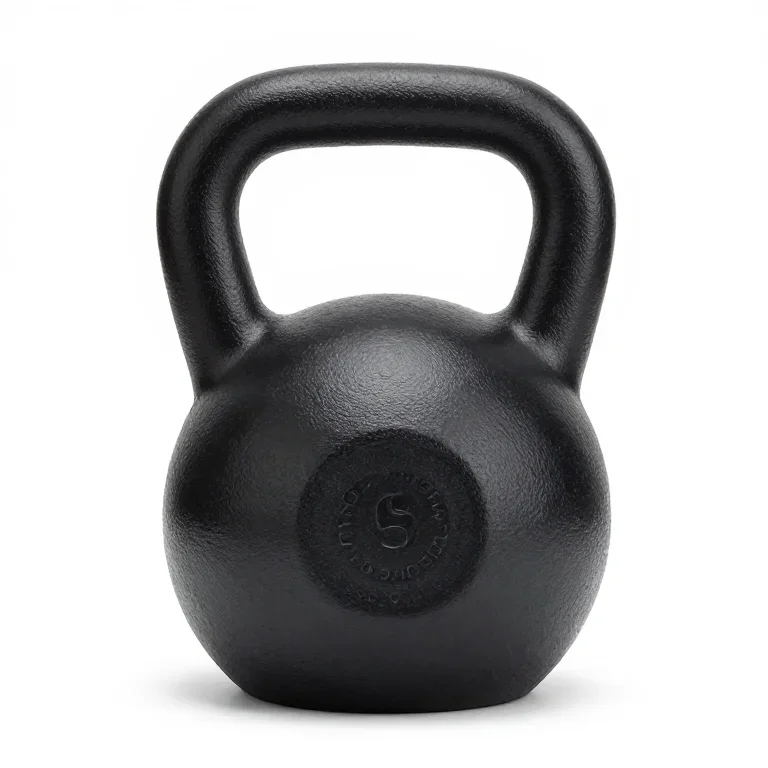 a black kettlebell with a matte coating, three-quarter view, single item fully visible and ce...