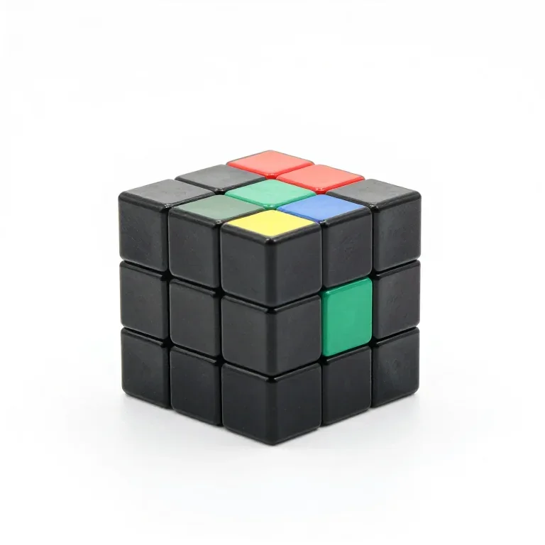 a black plastic puzzle cube with coloured tiles, three-quarter view, single item fully visibl...