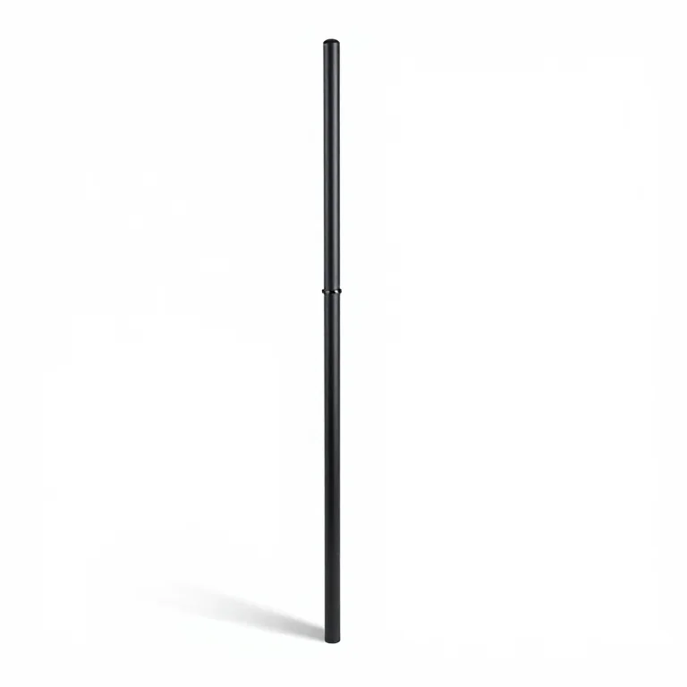 a black powder coated umbrella stand, three-quarter view, single item fully visible and centr...