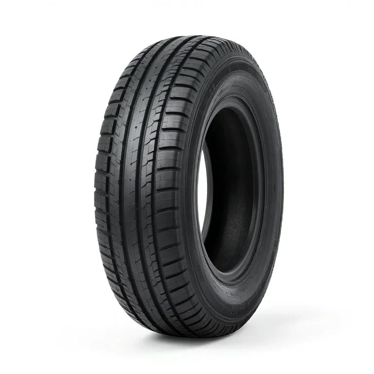 a black rubber car tyre, three-quarter view, single item fully visible and centred, isolated...