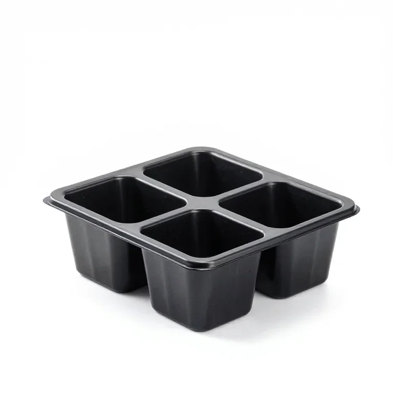a black seed tray with six cells, high three-quarter view, single item fully visible and cent...