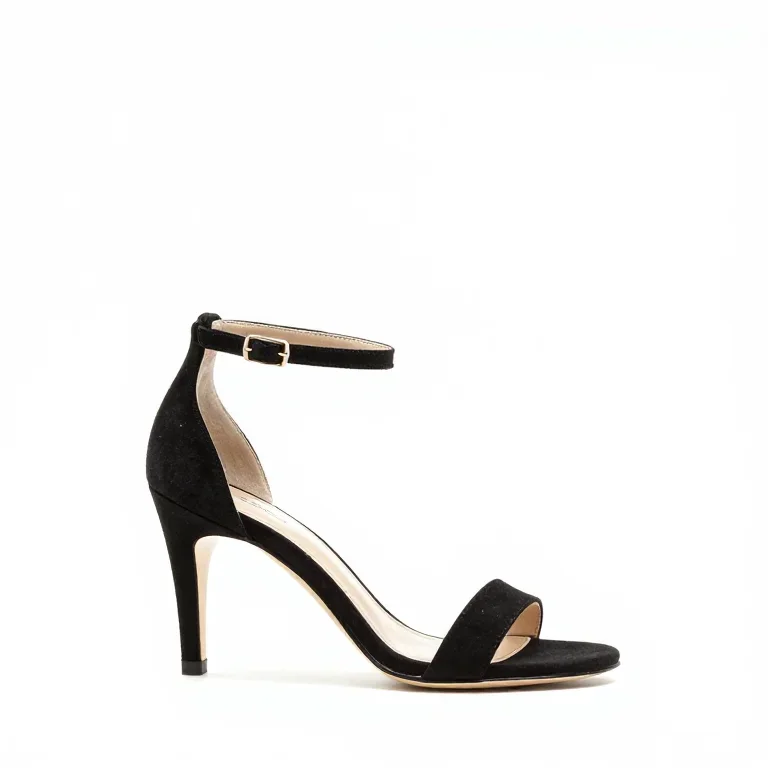 a black strappy high heel sandal, three-quarter view, single item fully visible and centred,...