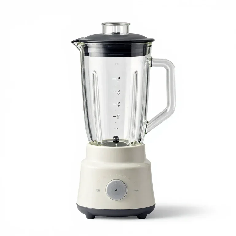 a blender jug in glass with a plastic base, three-quarter view, single item fully visible and...