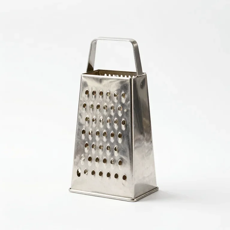 a box grater in stainless steel, front view, single item fully visible and centred, isolated...