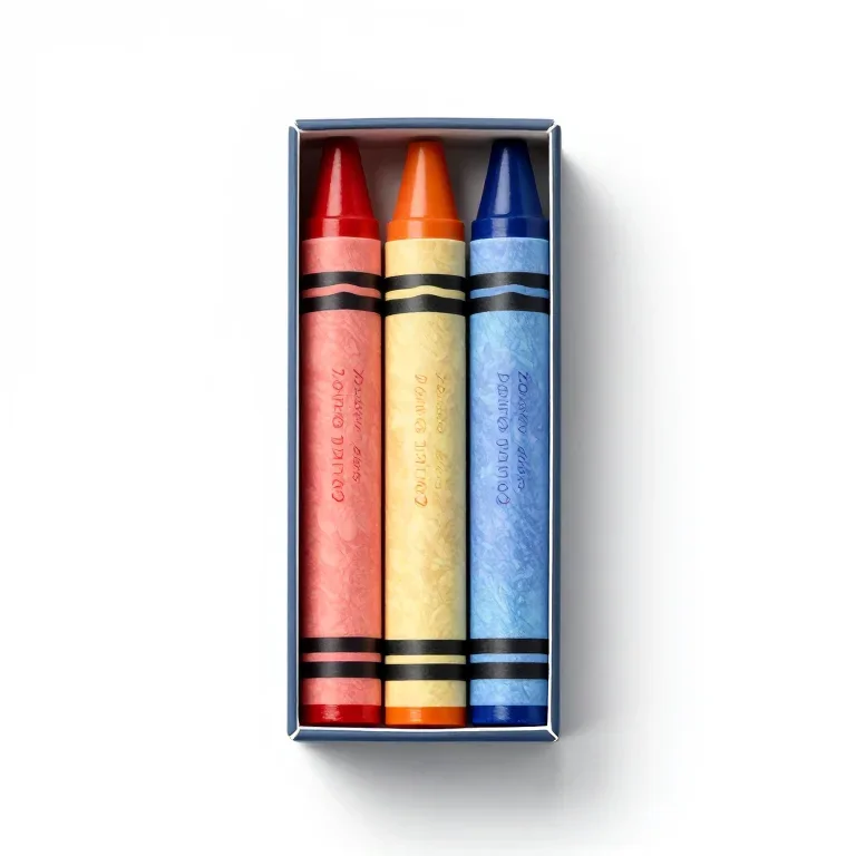 a box of wax crayons, top-down view, single item fully visible and centred, isolated on a pur...