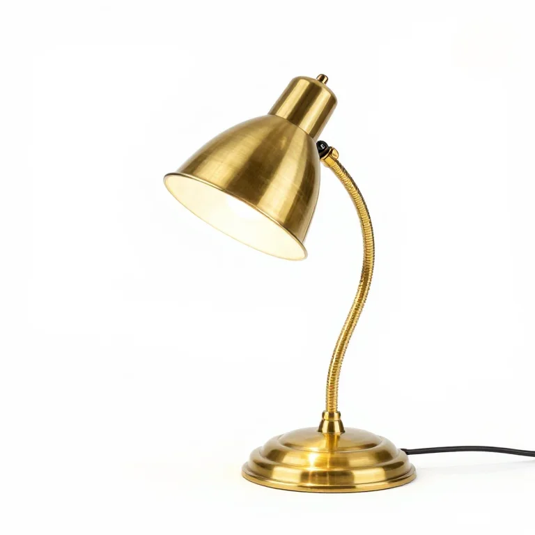 a brass gooseneck desk lamp with a shade, side view, single item fully visible and centred, i...