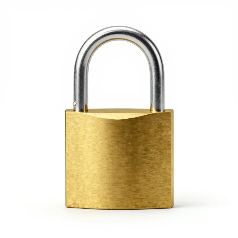a brass padlock with a shackle, front view, single item fully visible and centred, isolated o...