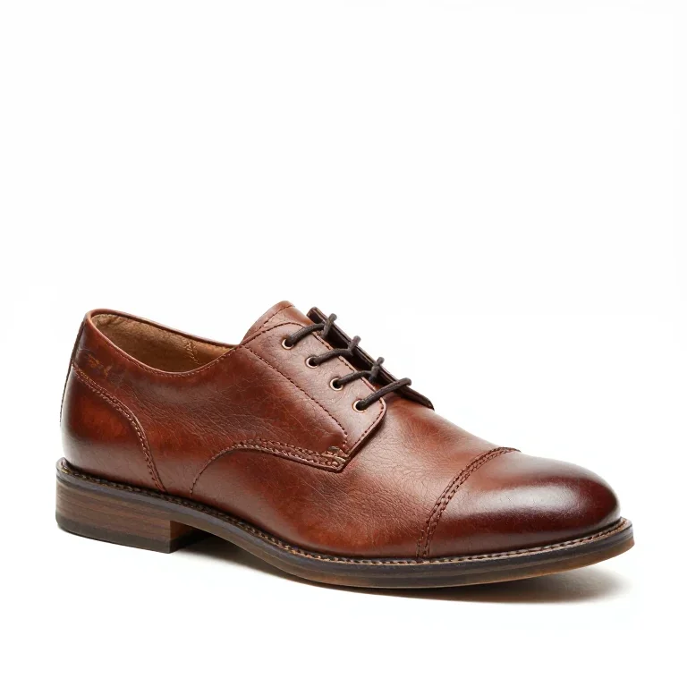 a brown leather lace-up shoe, three-quarter view, single item fully visible and centred, isol...