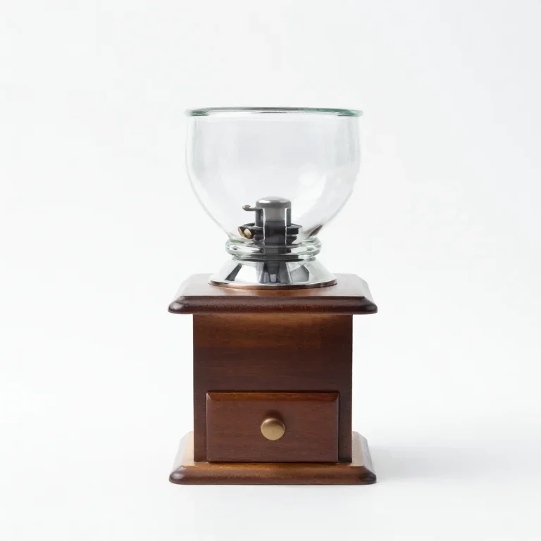 a burr coffee grinder with a glass hopper, three-quarter view, single item fully visible and...