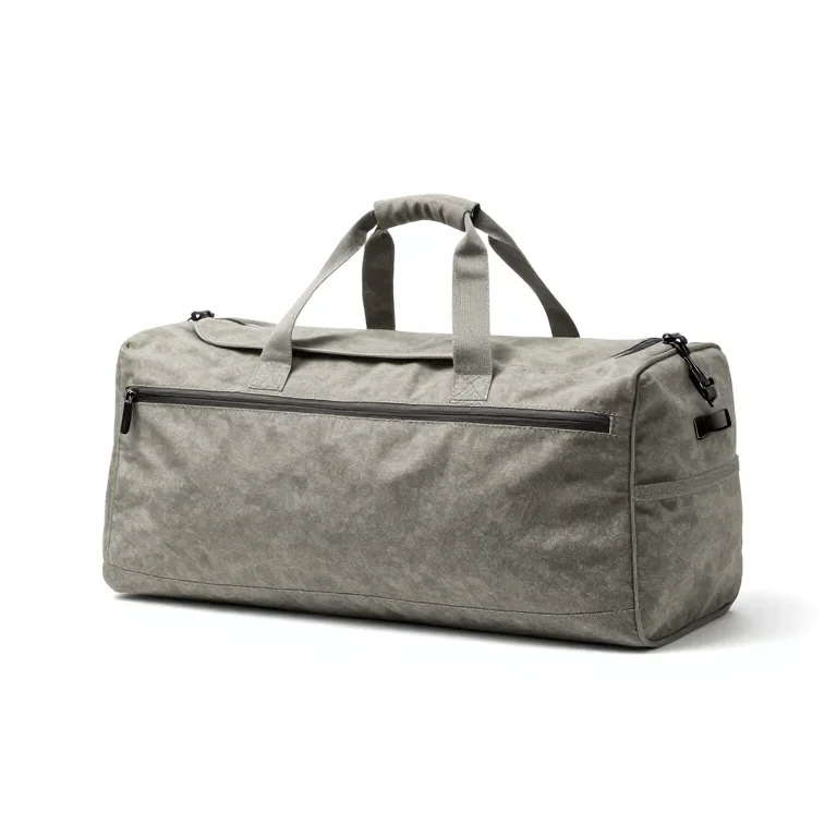 a canvas duffel bag with a zip top, side view, single item fully visible and centred, isolate...