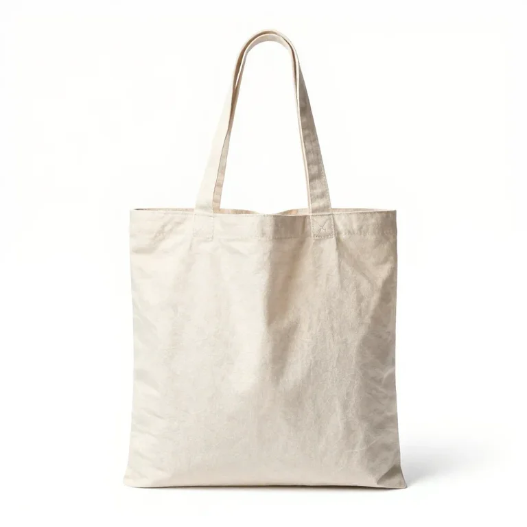 a canvas tote bag with long handles, front view, single item fully visible and centred, isola...