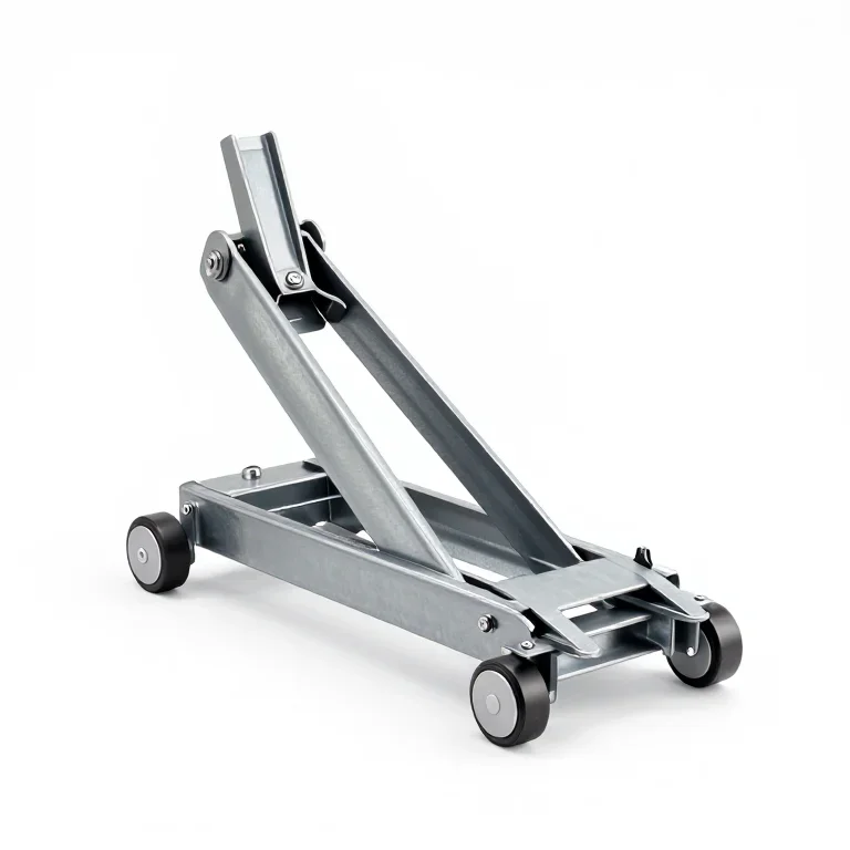 a car jack with a steel scissor frame, three-quarter view, single item fully visible and cent...