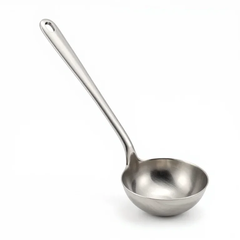 a cast aluminium soup ladle, side view, single item fully visible and centred, isolated on a...