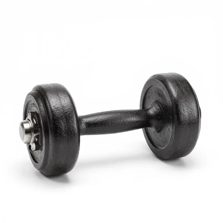 a cast iron dumbbell, side view, single item fully visible and centred, isolated on a pure wh...