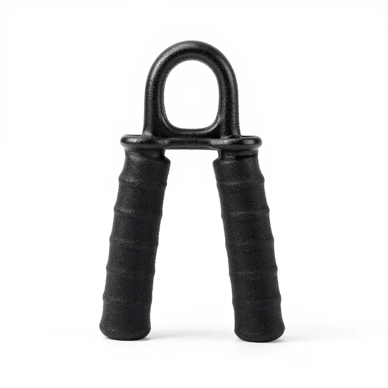 a cast iron grip strength trainer, three-quarter view, single item fully visible and centred,...