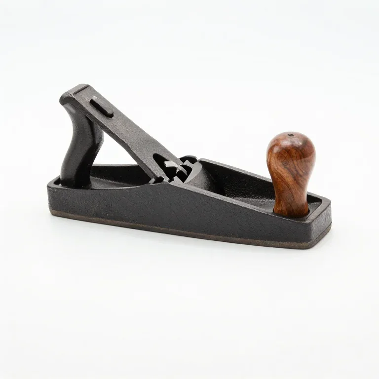 a cast iron hand plane with a wooden knob, side view, single item fully visible and centred,...