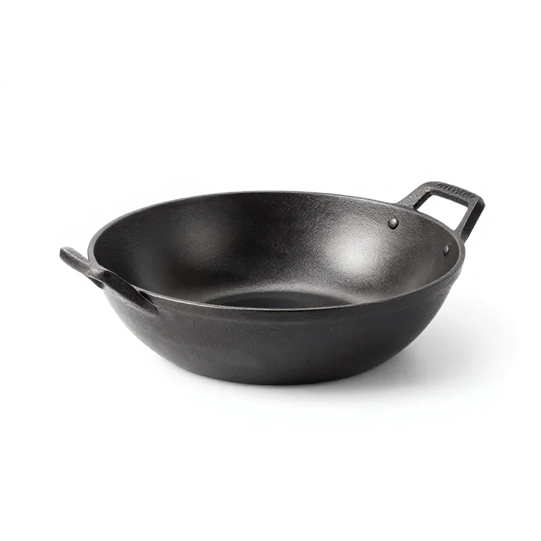 a cast iron wok with loop handles, side view, single item fully visible and centred, isolated...