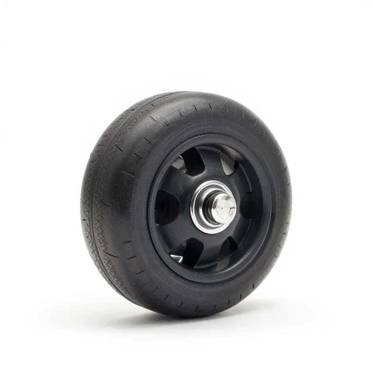 a caster wheel with a nylon tread, three-quarter view, single item fully visible and centred,...