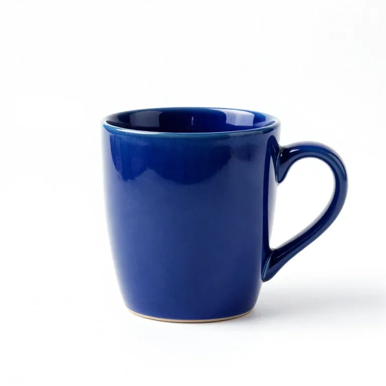 a ceramic coffee mug in cobalt blue, three-quarter view, single item fully visible and centre...
