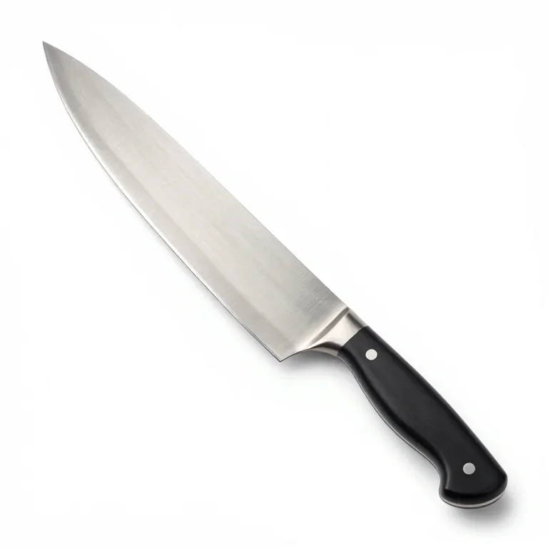 a chef knife with a full tang blade, side view, single item fully visible and centred, isolat...