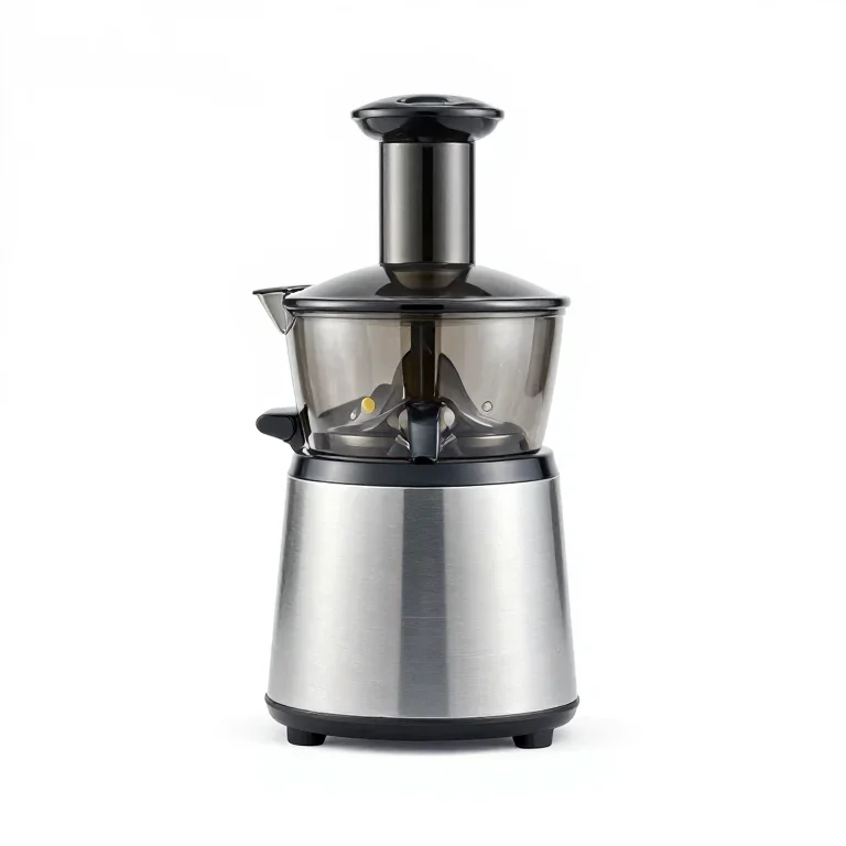 a chrome citrus juicer, three-quarter view, single item fully visible and centred, isolated o...