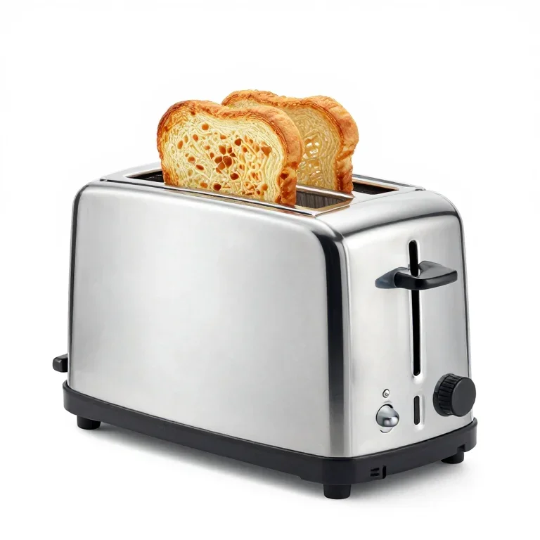 a chrome two-slot toaster, three-quarter view, single item fully visible and centred, isolate...