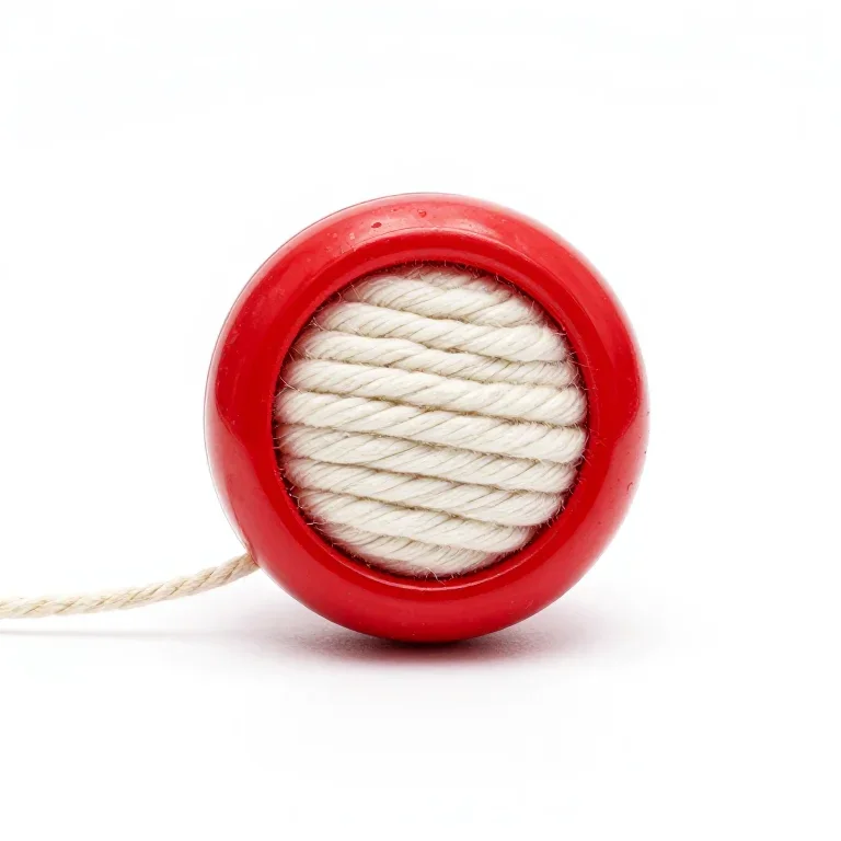 a classic red yo-yo wound with cotton string, front view, single item fully visible and centr...
