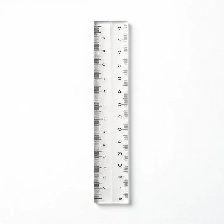 a clear acrylic ruler, top-down view, single item fully visible and centred, isolated on a pu...