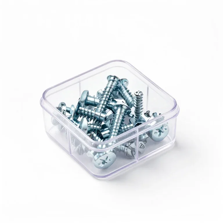 a clear plastic hardware organiser box holding screws, top-down view, single item fully visib...