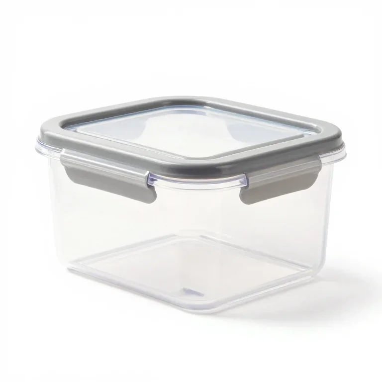 a clear plastic storage box with a grey lid, three-quarter view, single item fully visible an...