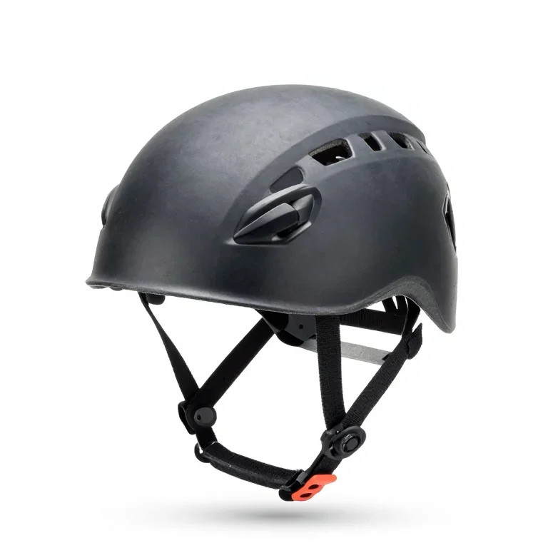 a climbing helmet in matte plastic, three-quarter view, single item fully visible and centred...