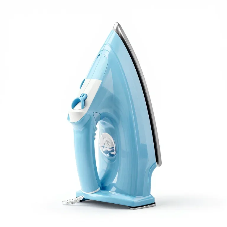 a clothes iron in pastel blue, three-quarter view, single item fully visible and centred, iso...