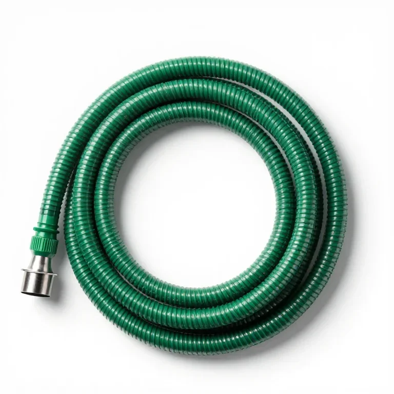 a coiled green garden hose, top-down view, single item fully visible and centred, isolated on...