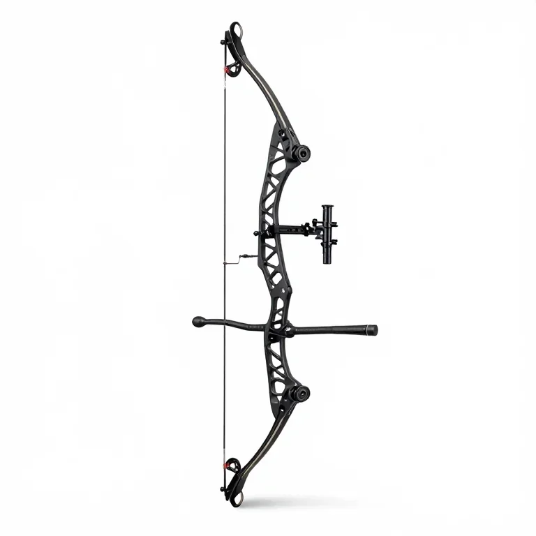 a compound bow in matte black, side view, single item fully visible and centred, isolated on...