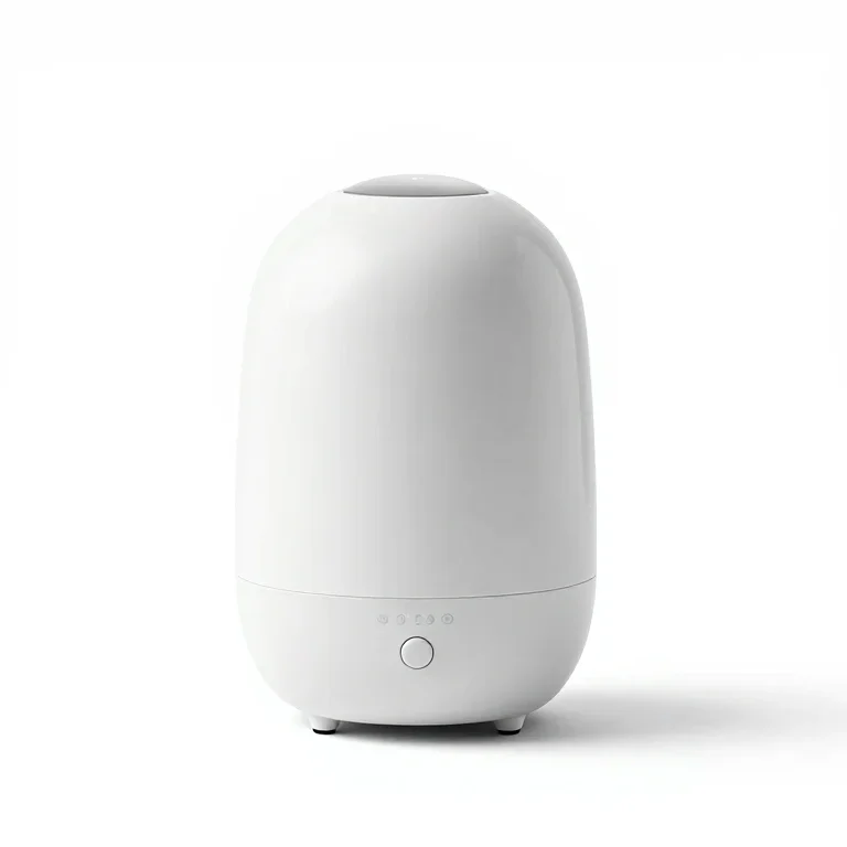 a cool mist humidifier in ceramic white, three-quarter view, single item fully visible and ce...