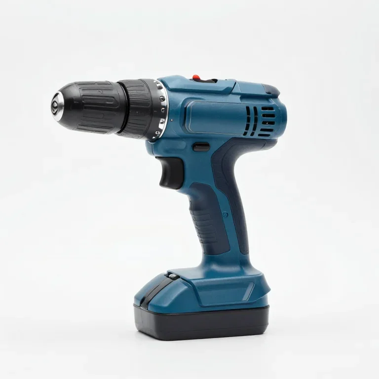 a cordless power drill in blue plastic, three-quarter view, single item fully visible and cen...