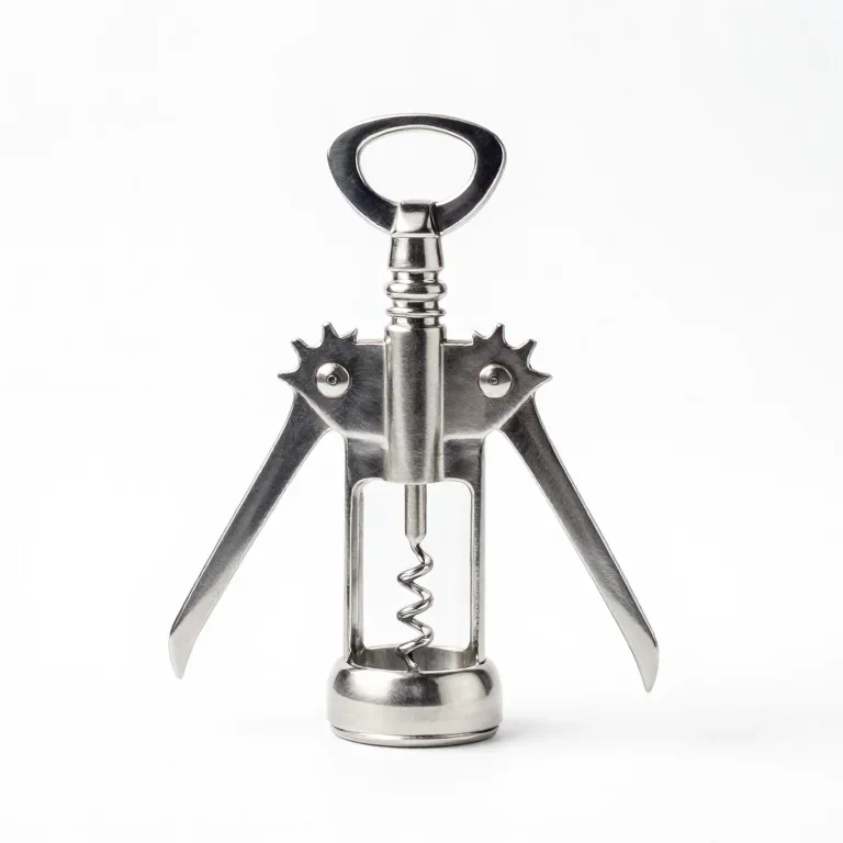 a corkscrew wine opener in steel, front view, single item fully visible and centred, isolated...