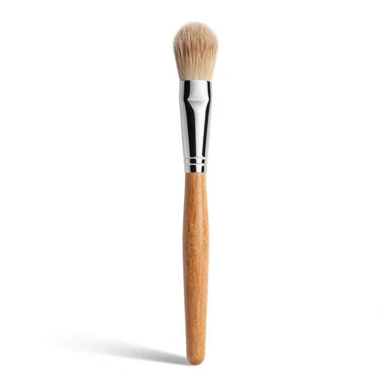 a cosmetic brush with a wooden handle, three-quarter view, single item fully visible and cent...