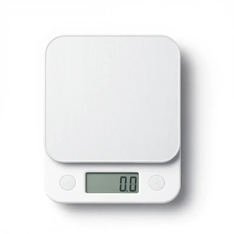 a digital kitchen scale with an lcd display, top-down view, single item fully visible and cen...